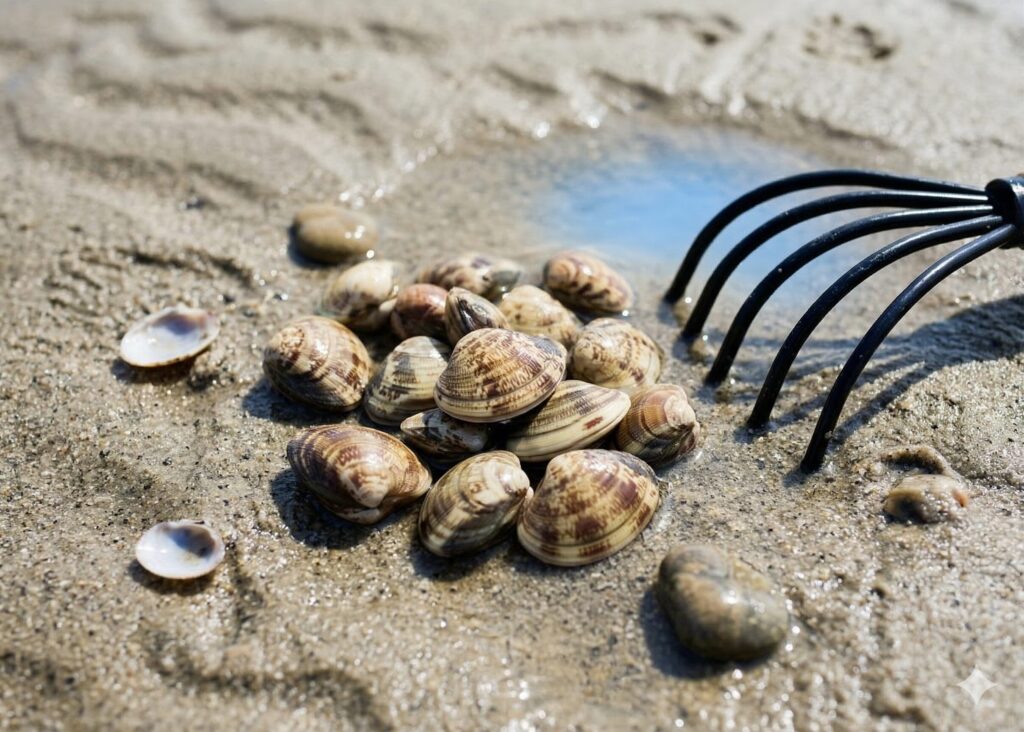 潮干狩りで熊手で貝を獲れた画像