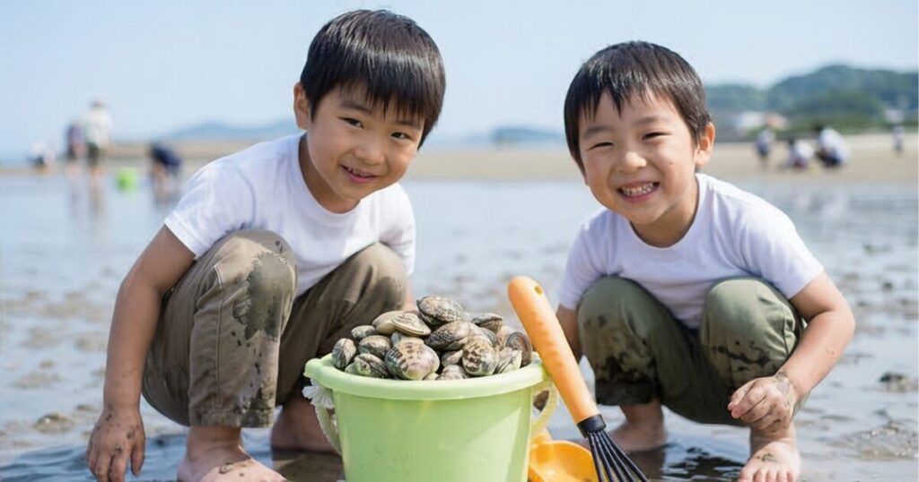潮干狩りを楽しむ子供達の画像