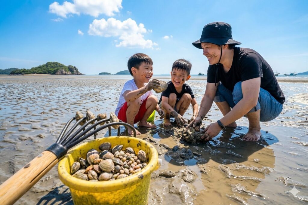 家族で潮干狩りを楽しんでいる画像